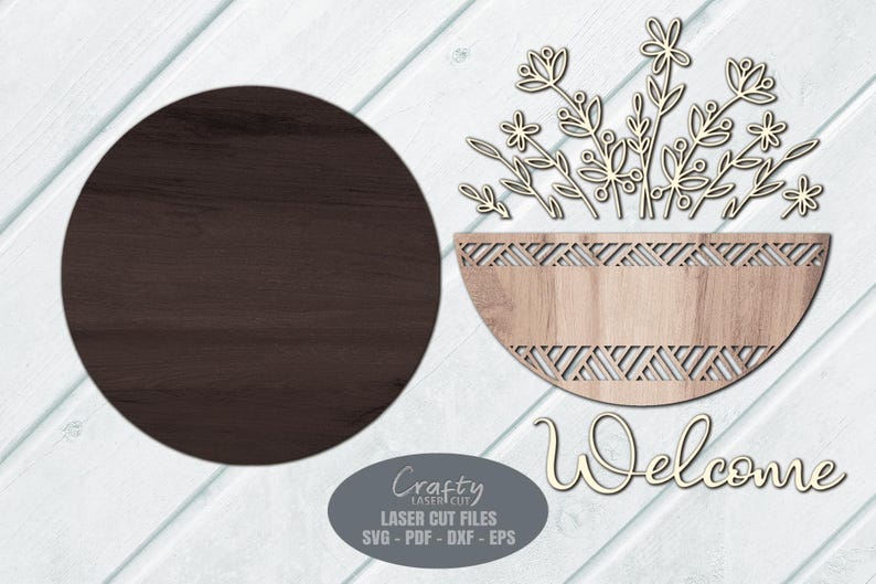 Floral Basket Sign SVG Laser Cut Files; a Daisy Door Sign SVG with a bouquet in a basket for your Glowforge, Xtool and other laser machines.