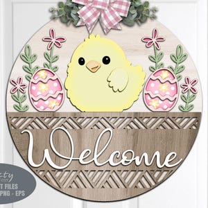 Easter Door Hanger SVG - Easter Egg - Welcome Sign SVG - Chick SVG - Laser Cut Files - Basket - Daisy - Floral Easter Sign - Glowforge Files - Easter Decor - Easter Door Sign SVG - round door hanger - Cnc files