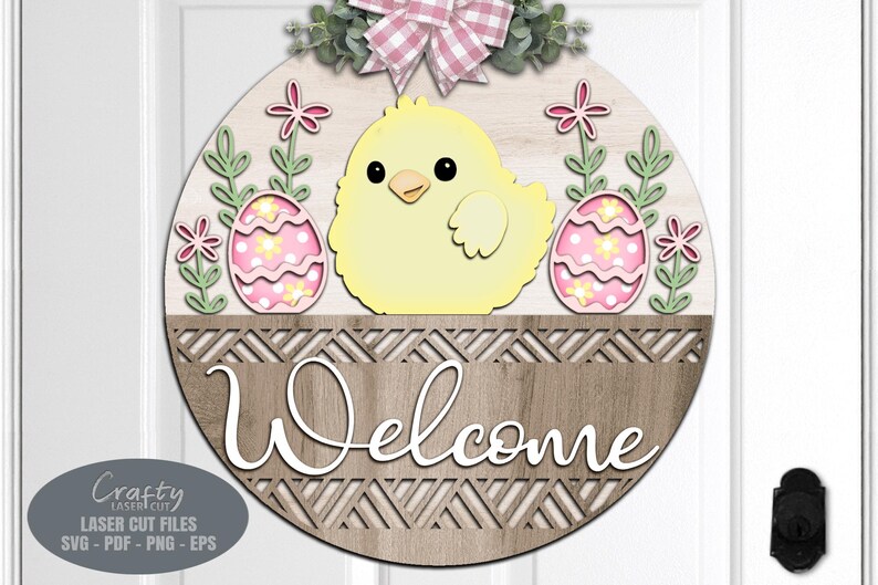 Easter Door Hanger SVG - Easter Egg - Welcome Sign SVG - Chick SVG - Laser Cut Files - Basket - Daisy - Floral Easter Sign - Glowforge Files - Easter Decor - Easter Door Sign SVG - round door hanger - Cnc files