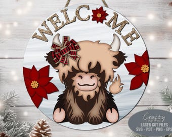 Christmas Welcome Sign SVG Laser Cut Files: Highland Cow Door Hanger SVG, Glowforge