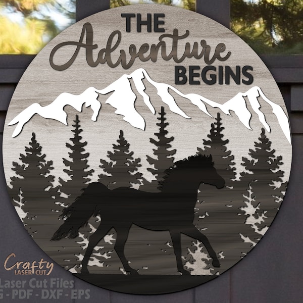 Horse Door Hanger SVG - Laser Cut Files - Horse SVG - Adventure SVG - Mountain Forest Welcome Sign Svg - Horse Door Sign - Glowforge Files