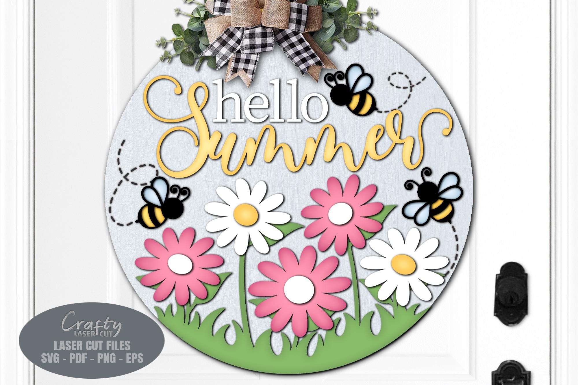Hello Summer Door Hanger SVG Laser Cut Files: Bee & Daisy Welcome Sign ...