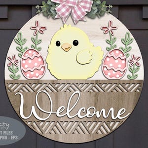 Easter Egg SVG - Easter Door Hanger SVG - Welcome Sign SVG - Chick SVG - Laser Cut Files - Basket - Daisy - Floral Easter Sign - Glowforge Files - Easter Decor - Easter Door Sign SVG - round door hanger - Cnc files