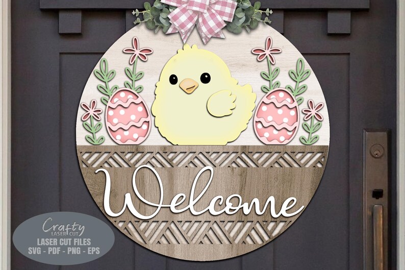 Easter Egg SVG - Easter Door Hanger SVG - Welcome Sign SVG - Chick SVG - Laser Cut Files - Basket - Daisy - Floral Easter Sign - Glowforge Files - Easter Decor - Easter Door Sign SVG - round door hanger - Cnc files
