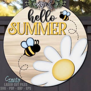 Hallo Sommer Türschild SVG- Laser Cut Dateien - Biene SVG - Gänseblümchen SVG - Hallo Sommer SVG - Türschild - Glowforge Files
