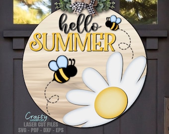 Hello Summer Door Hanger SVG - Laser Cut Files - Bee Svg - Daisy SVG - Hello Summer SVG - Welcome Sign Svg - Bee Door Sign - Glowforge Files