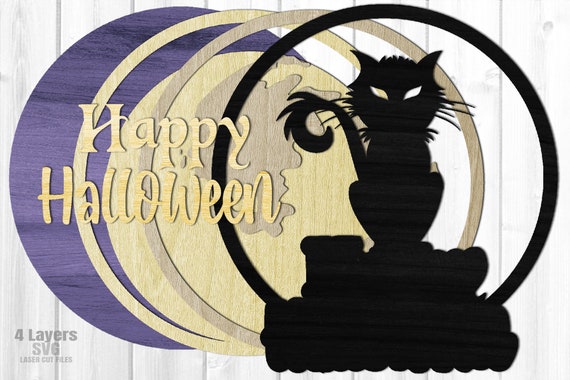 Laser Ready Laser Cut Files Happy Halloween Black Cat Sign SVG Glowforge Files Spooky Full Moon Round Layered Scene CNC Files