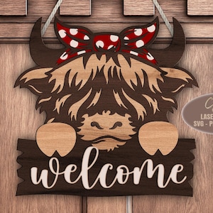 Highland Cow Door Hanger SVG - Laser Cut Files - Cow SVG - Bandana SVG - Welcome Sign Svg - Cow Door Sign - Cow Head Svg - Glowforge Files