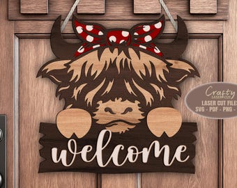 Highland Cow Door Hanger SVG Laser Cut Files: Welcome Sign SVG for Glowforge, XTool