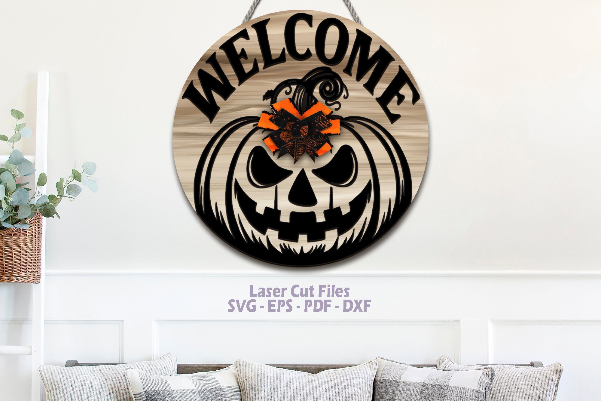 Halloween Welcome Sign SVG Laser Cut Files: Spooky Pumpkin Door Hanger ...