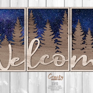 Segno di benvenuto della foresta in formato SVG, file tagliati al laser, foresta in formato SVG, sagoma foresta SVG, cornice per foto in formato Svg, arredamento cabina, file Glowforge