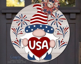 Patriotic Gnome Door Hanger SVG Laser Cut Files: 4th of July Welcome Sign SVG