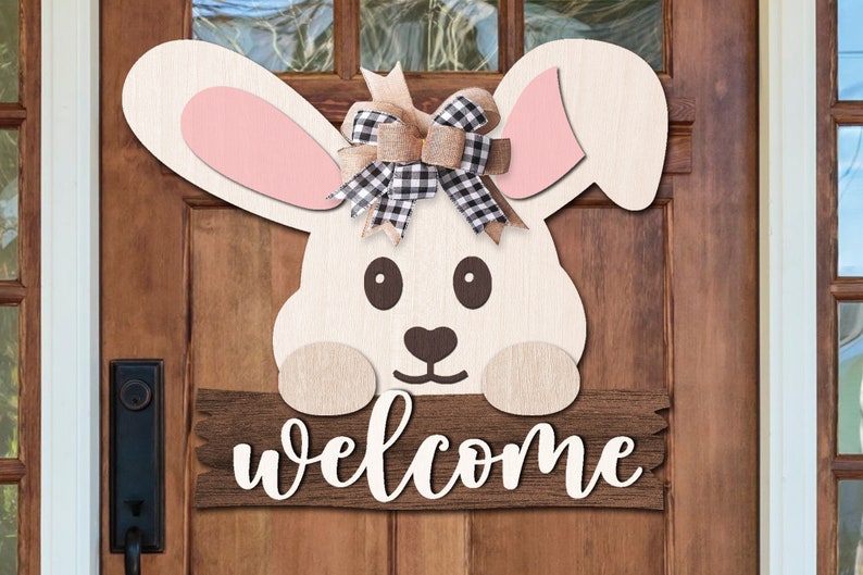 Easter Bunny Welcome Sign SVG Laser Cut Files: Spring Door Hanger SVG ...