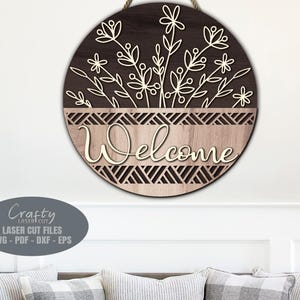 Floral Basket Door Hanger SVG Laser Cut Files; a Daisy Welcome Sign SVG with a bouque of daisy flowers in a basket for your Glowforge, Xtool and other laser machines.