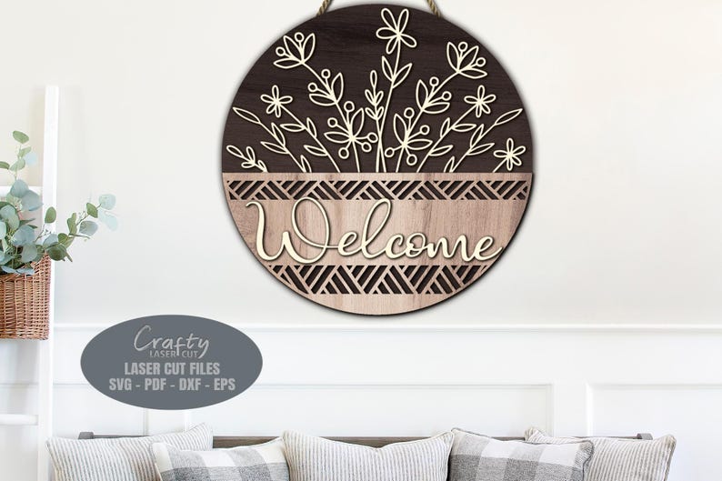 Floral Basket Door Hanger SVG Laser Cut Files; a Daisy Welcome Sign SVG with a bouque of daisy flowers in a basket for your Glowforge, Xtool and other laser machines.