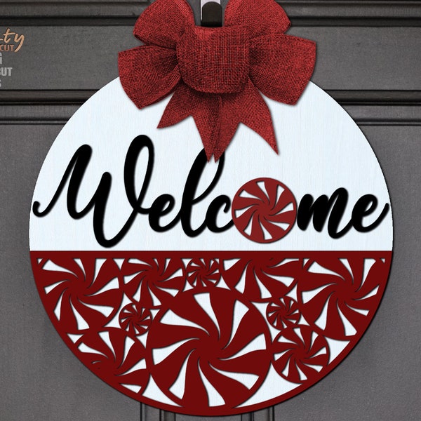 Peppermint Door Hanger SVG - Christmas SVG - Laser Cut Files - Peppermint Candy Svg - Welcome Sign Svg - Holiday Door Sign - Glowforge Files