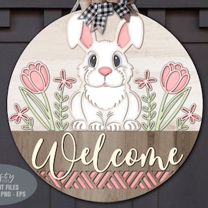 Placa de boas-vindas de coelho da Páscoa SVG - Cabide de porta de Páscoa SVG - Arquivos cortados a laser - Cesta - Tulipa - Margarida - Placa de Páscoa floral - Arquivos Glowforge