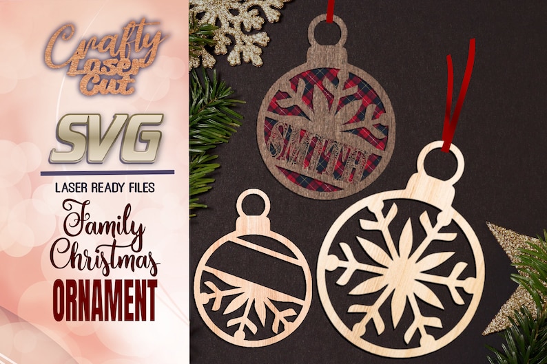 Monogram Christmas Ornament SVG Bundle Glowforge Files 2 Customizable Snowflake Tree Ornaments Laser Cut Files Laser Ready Files