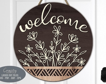 Floral Welcome Sign SVG Laser Cut Files: Daisy Basket Door Hanger SVG, Glowforge