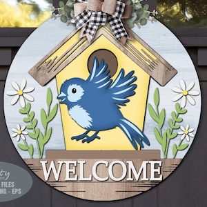 Accroche-porte pour nichoir SVG - fichiers découpés au laser - signe de bienvenue Svg - nichoir SVG - oiseau Svg - Marguerite SVG - panneau de porte de nichoir - fichier Glowforge