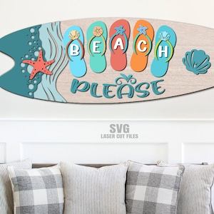 Beach Please SVG - Cabide de porta de praia SVG - Arquivos cortados a laser - Placa de boas-vindas Svg - Placa de porta de prancha de surf - Flip Flop - Prancha de surf - Arquivo Glowforge