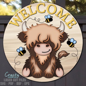 Accrocheur de porte vache Highland SVG - panneau de bienvenue abeille SVG - fichiers découpés au Laser - vache Svg - abeille SVG - panneau de porte vache - Svg été - fichiers Glowforge