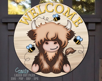 Highland Cow Door Hanger SVG - Bee Welcome Sign SVG - Laser Cut Files - Cow Svg - Bee SVG - Cow Door Sign - Summer Svg - Glowforge Files