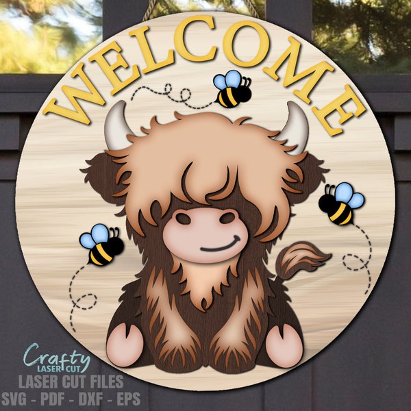 Highland Cow Door Hanger SVG - Bee Welcome Sign SVG - Laser Cut Files - Cow Svg - Bee SVG - Cow Door Sign - Summer Svg - Glowforge Files