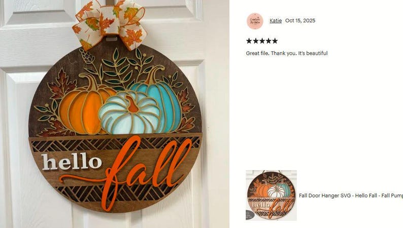 A Hello Fall Door Hanger SVG Laser Cut File with a Floral Pumpkin Welcome Sign SVG theme including a trio of pumpkins and fall leaves in a basket for use with your Glowforge, XTool and other laser machines.