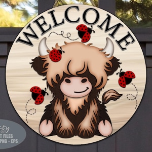 Highland Cow Door Hanger SVG - Coccinella SVG - Cartello di benvenuto SVG - File tagliati al laser - Mucca SVG - Cartello porta mucca - Decorazione coccinella - File Glowforge