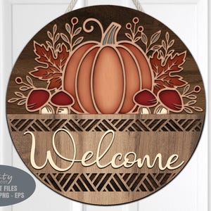 Pumpkin door sign SVG laser cut files; a fall door hanger welcome sign with floral and mushroom accents for Glowforge and XTool laser machines.