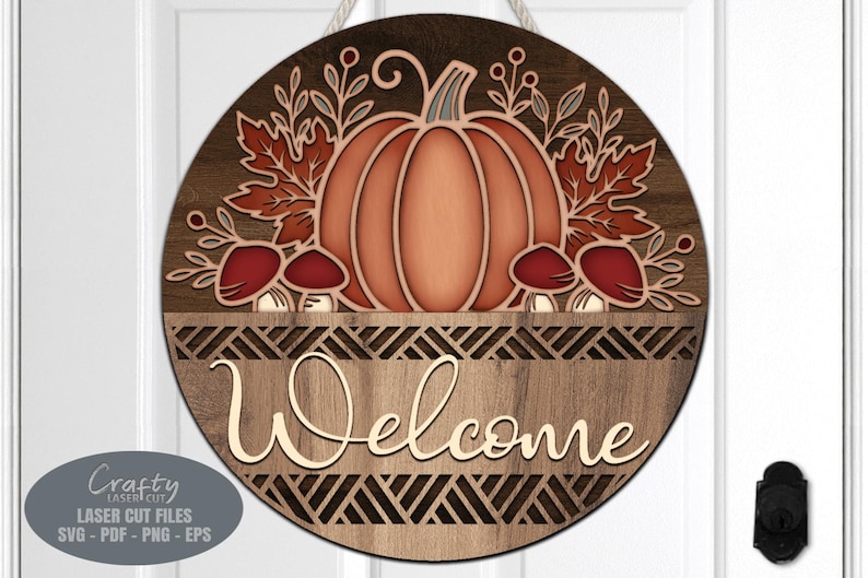 Pumpkin door sign SVG laser cut files; a fall door hanger welcome sign with floral and mushroom accents for Glowforge and XTool laser machines.