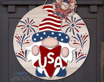 4th Of July Gnome Door Hanger SVG Laser Cut Files: Patriotic Welcome Sign SVG