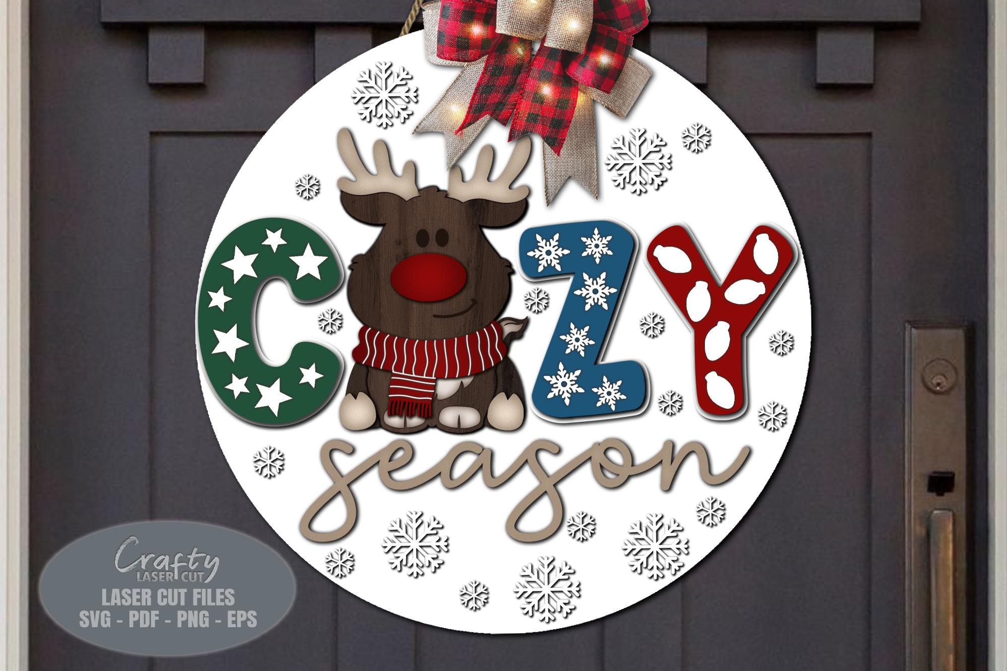 Christmas Door Hanger SVG Laser Cut File: Cozy Season Reindeer Sign SVG ...