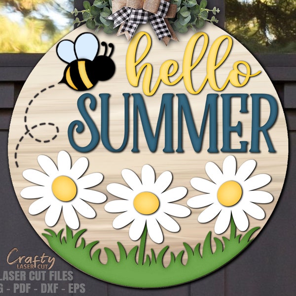 Summer Door Hanger SVG - Laser Cut Files - Daisy SVG - Bee Svg - Hello Summer SVG - Welcome Sign Svg - Daisy Door Sign - Glowforge Files