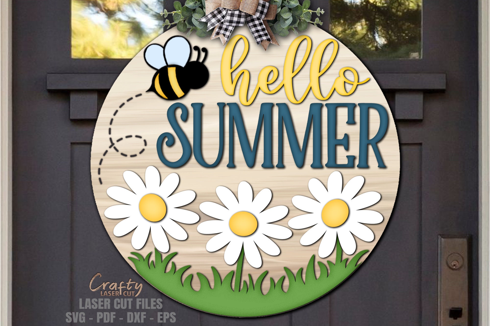 Summer Door Hanger SVG Laser Cut Files: Daisy Bee Welcome Sign SVG ...