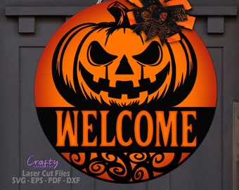 Halloween Welcome Sign SVG - Halloween Door Hanger SVG - Laser Cut Files - Jack O Lantern Svg - Spooky Pumpkin Door Sign - Glowforge Files