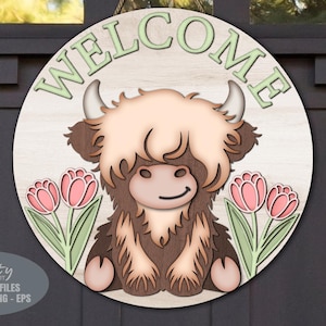 Frühling Tür Aufhänger SVG - Highland Kuh SVG - Willkommensschild Laser Cut Dateien - Tulpe SVG - Frühlingsschild SVG