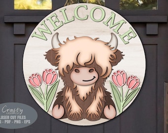 Spring Door Hanger SVG, Highland Cow SVG, Welcome Sign SVG, Laser Cut Files, Tulip Svg, Spring Sign Svg, Easter Svg, Glowforge Files