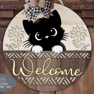 Accrocheur de porte chat SVG - Floral signe de bienvenue SVG - Marguerite SVG - fichiers découpés au laser - chat Svg - panier Svg - chaton - panneau de porte chat - Glowforge