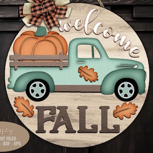Pompoen vrachtwagen deurhanger SVG - pompoen SVG - lasergesneden bestanden - welkomstbord Svg - val deurbord - herfstdecor - Glowforge-bestanden