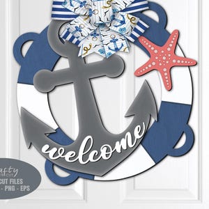 Coastal Door Hanger SVG - Cartello di benvenuto sulla spiaggia SVG - File tagliati al laser - Ancora SVG - Salvagente SVG - Cartello porta spiaggia - Seaside - File Glowforge