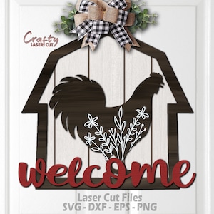 Colgador de puerta de pollo SVG, Archivos de corte láser, Pollo Svg, SVG floral, Granja Svg, Cartel de bienvenida Svg, Cartel de puerta de pollo, Archivo Glowforge