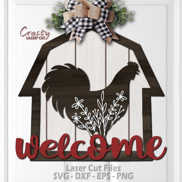 Chicken Door Hanger SVG - Laser Cut Files - Chicken Svg - Floral SVG - Farmhouse Svg - Welcome Sign Svg - Chicken Door Sign - Glowforge File