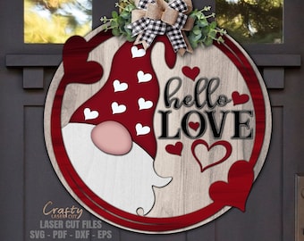 Valentine Gnome Door Hanger SVG - Laser Cut Files - Hello Love SVG - Gnome Svg - Heart Welcome Sign Svg - Front Door Sign - Glowforge Files