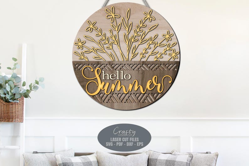 Hello Summer Door Hanger SVG Laser Cut Files: Floral Daisy Welcome Sign ...