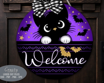 Halloween-Türhänger SVG-Laserschnittdateien: Katzen-Willkommensschild SVG