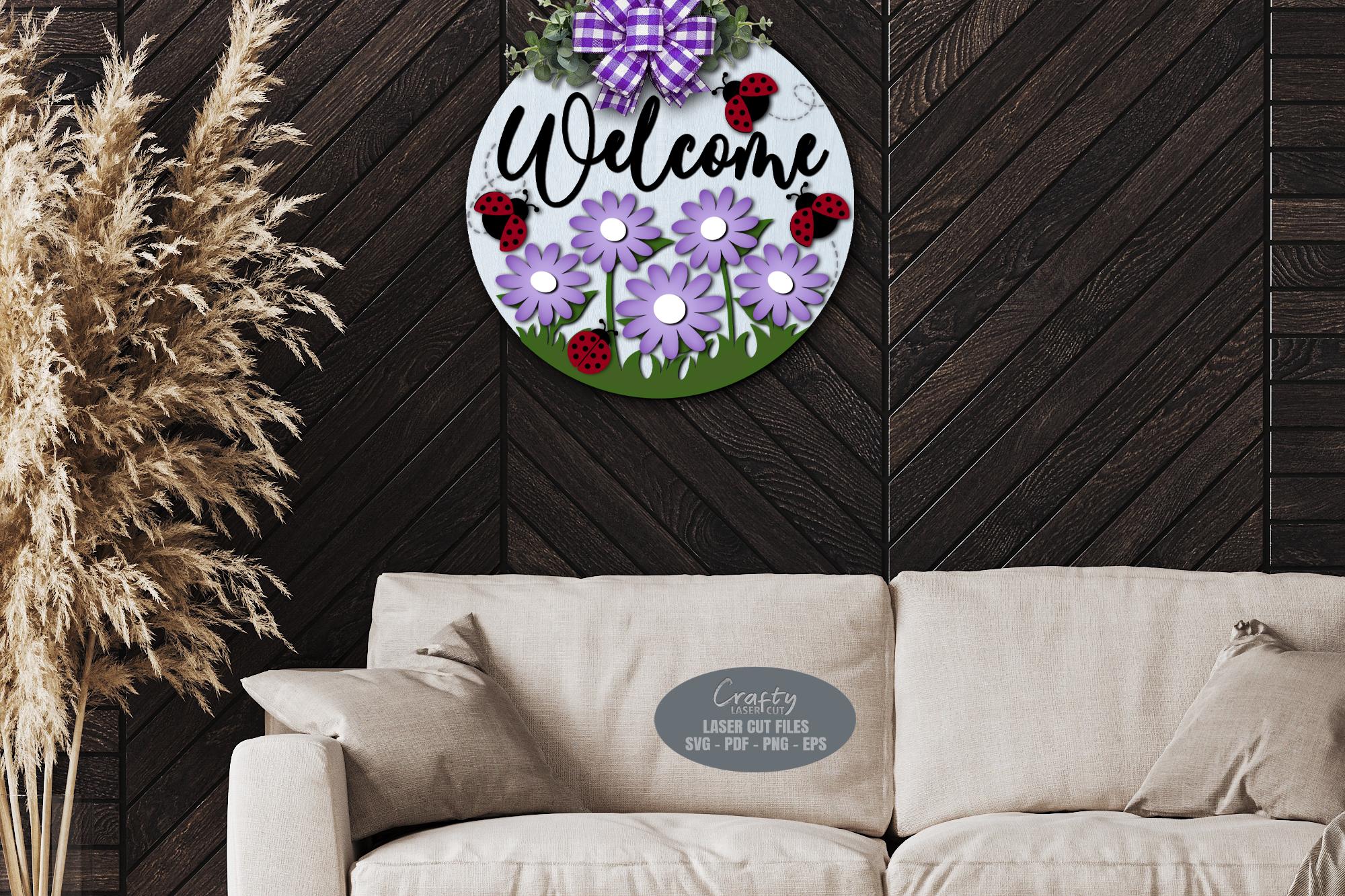 Floral Summer Door Hanger SVG Laser Cut Files: Daisy Ladybug Welcome ...