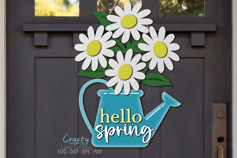 Watering Can Door Hanger SVG Laser Cut Files - Daisy Svg - Watering Can SVG - Daisy Door Sign SVG - Hello Spring Svg - Welcome Sign Svg - Daisy Door Sign - Glowforge Files - cnc files