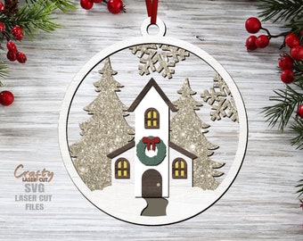 Christmas Church Ornament SVG - Laser Cut Files - Christmas SVG - Christmas Scene Svg - Forest Svg - Church Svg - Glowforge Files